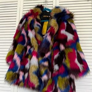 Multi colored Faux fur swing hooded coat. Oh yes! With pockets. Hook closer.